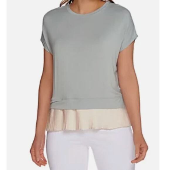 LOGO by Lori Goldstein Drop Shoulder Knit Top Pleated Trim Cap Sleeve XXS 2XS - Picture 1 of 9